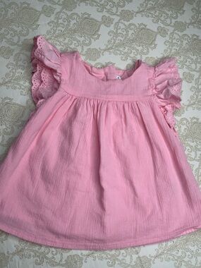 Janie and Jack Pink Ruffle Sleeve Top 2T Eyelet Embroidery Button Back